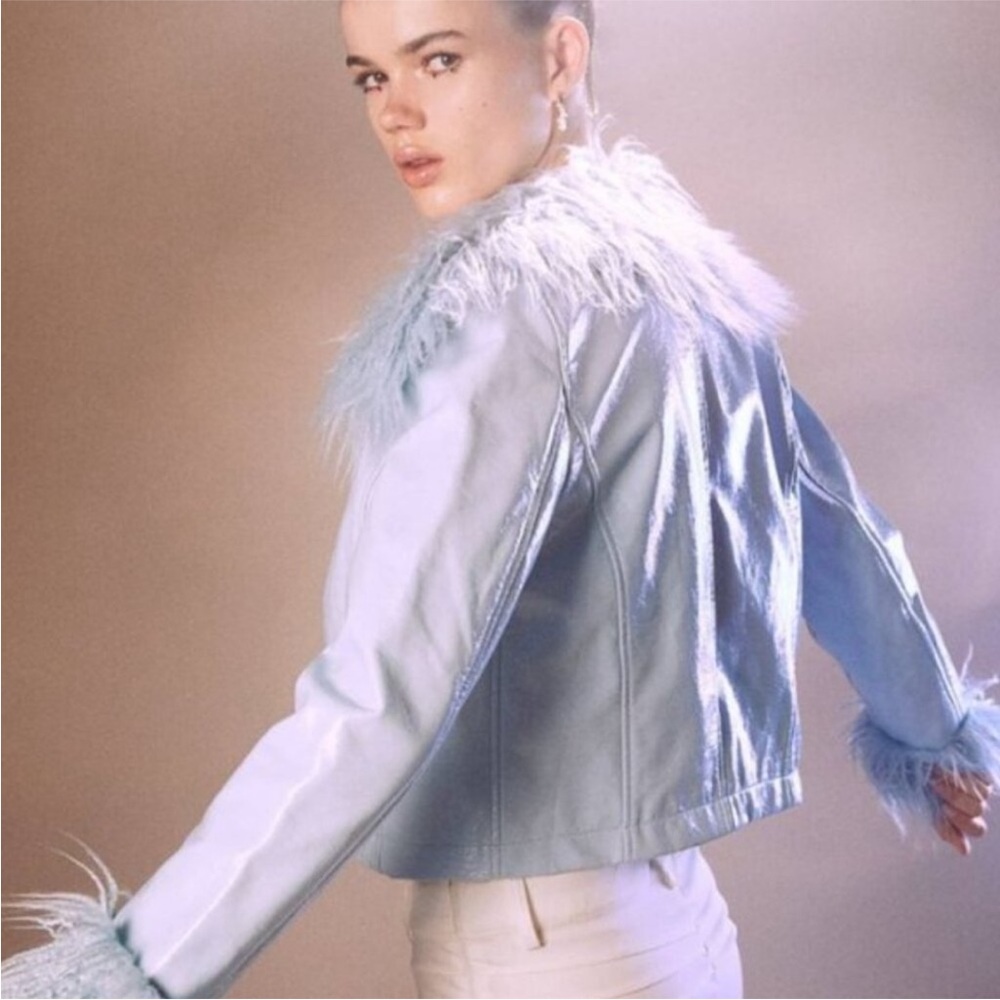 NWT Sky Blue Vegan Leather Y2K Jacket with Faux Fur trim S